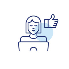 Work approval, productivity satisfaction. Woman at laptop and like. Pixel perfect, editable stroke vector icon
