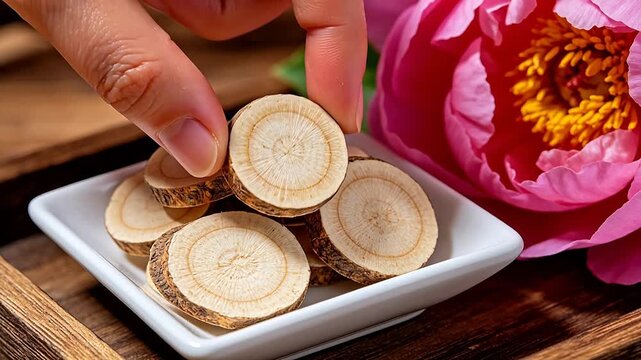 Sliced herbal roots in bowl with flower