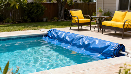 Poolside Serenity: A pristine swimming pool invites relaxation with its inviting blue waters, complemented by stylish outdoor furniture, evoking feelings of leisure and comfort. 