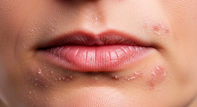 Close up of human lips with dry flaky skin and sores mouth