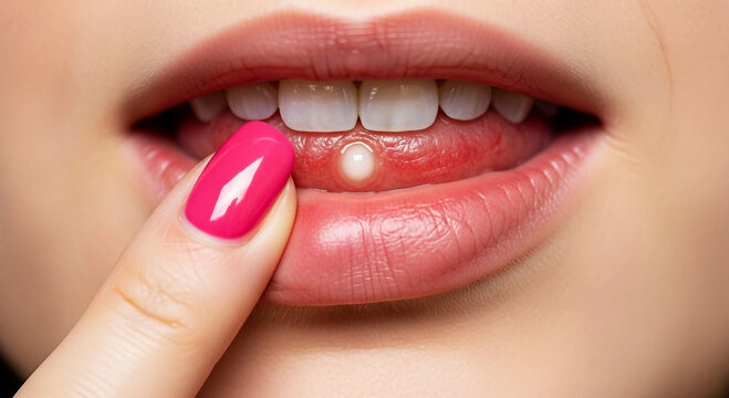 Woman's finger with pink nail touching lip sore mouth lips