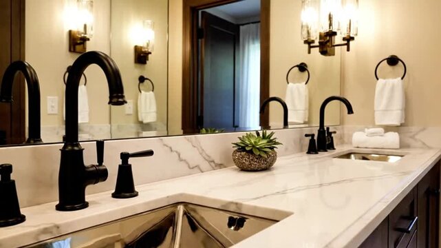 Camera gliding over double vanity with matte black faucets, large mirror, ambient sconces.