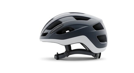 Fototapeta premium Modern gray and white bicycle helmet with ventilation and adjustable chin strap on white background