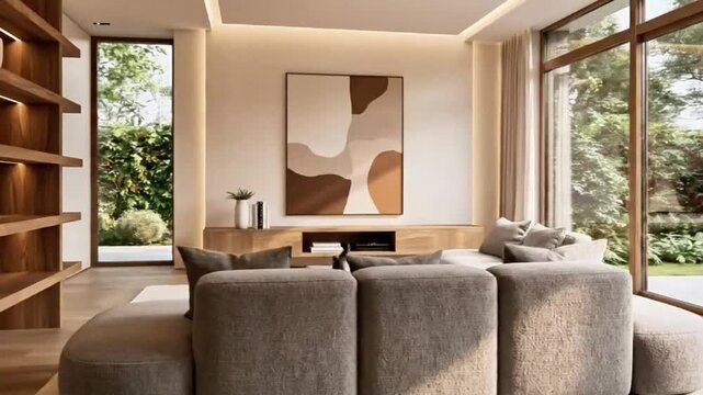 360-degree spin around a contemporary living space featuring curved modular sofa in soft gray, floating wooden shelves, LED ambient lighting strips, and large windows overlooking greenery.