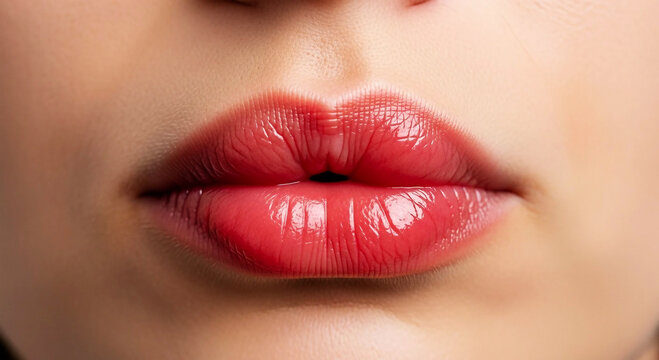 Close up of plump red lips with glossy texture and defined cupid's bow mouth pink