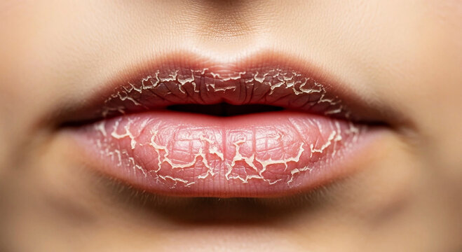 Extreme Close Up of Dry Cracked Lips with Peeling Skin image