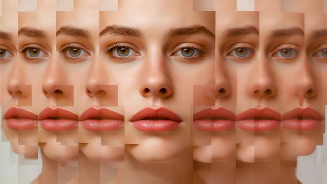 Multiple mirrored portraits of young woman face with repeated eyes and lips creating surreal layered composition with soft studio lighting