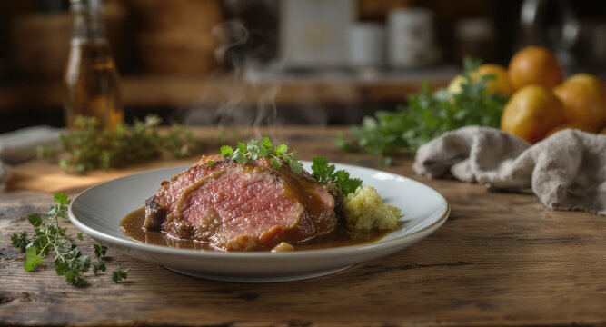 Fetta di arrosto al con contorno su tavolo rustico. Generative AI 