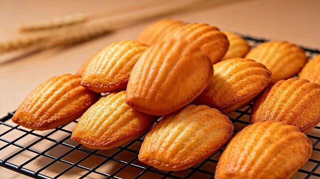 Golden brown madeleines on cooling rack