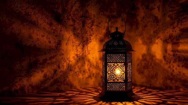 Ornate metal lantern glowing with warm candlelight casting intricate shadow patterns on textured wall in dim atmospheric interior