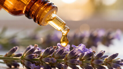 Droplet of Essence: A delicate drop of golden oil forms against the backdrop of fresh lavender. Capturing the essence of purity and the soothing calm of aromatherapy.