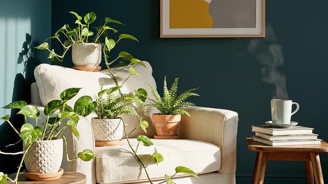 Cozy Living Room with Potted Plants and Coffee.