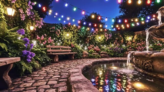 Cozy twilight garden courtyard with string lights, benches, and decorative fountain
