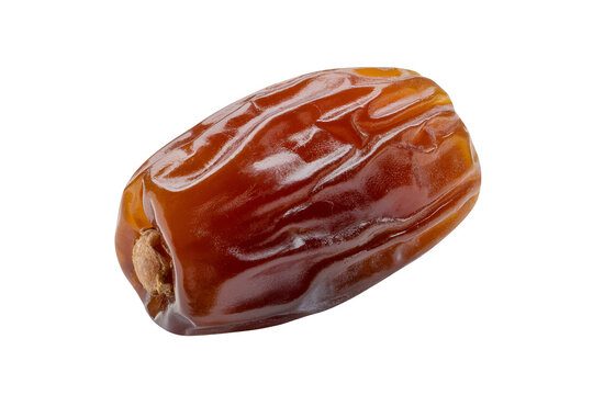 A single date fruit with a wrinkled brown exterior and a soft, sweet interior