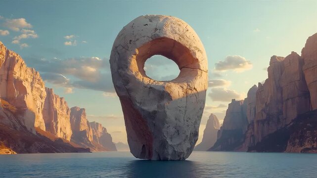Massive donut shaped stone monument rising from calm river between canyon cliffs under soft sunrise light in dramatic desert valley landscape
