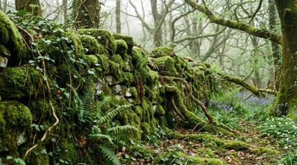 Fototapeta premium Lush Moss Covering Ancient Stone Wall in Forest
