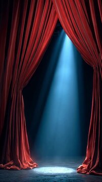 Dramatic blue spotlight shining through open red stage curtains