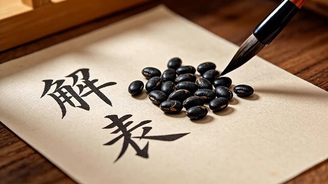 Calligraphy brush and beans on paper