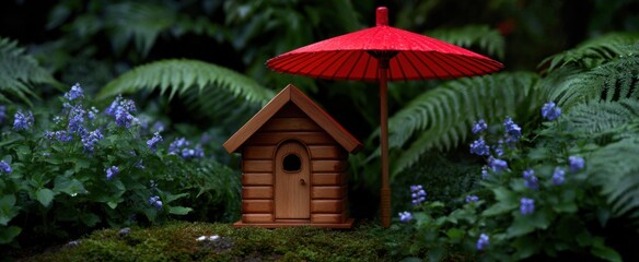 Obraz premium a tiny wooden cottage beneath a bright red parasol in a green garden oasis