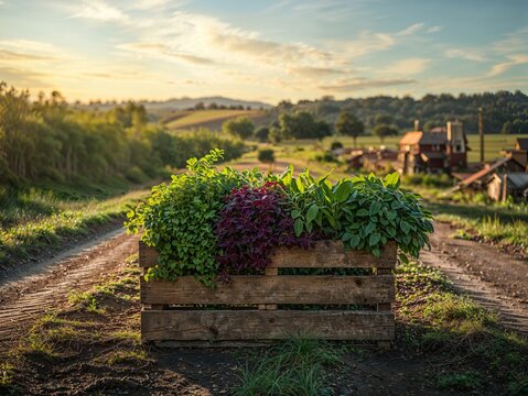 Fresh Vegetable Seedlings Growing in Reclaimed Wood Planter Box on a Farm at Golden Hour - Agriculture and Sustainable Food Production Background