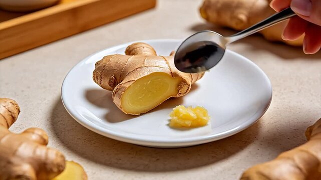 Fresh ginger root and paste on plate