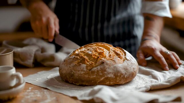 Fresh Artisan Bread Loaf on Rustic Kitchen Table with Baker Hands and Flour Dust in Warm Natural Light