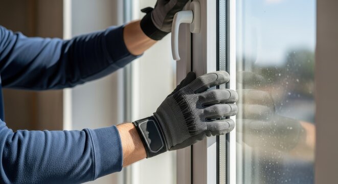  Close-up of a worker's hands in protective gloves installing or adjusting a white plastic window. Home renovation and repair service concept.