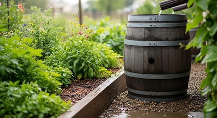 Rustic Wooden Barrel Watering Spigot in Lush Garden