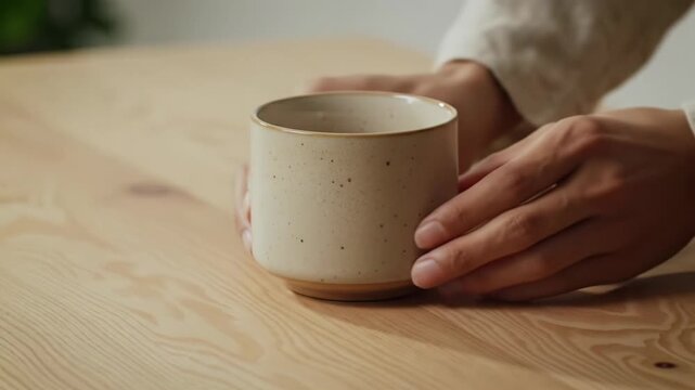 Well-manicured hands in light sleeves gently place a minimalist ceramic cup on a warm, natural wood surface with soft daylight and bokeh, dolly push-in. Concept of quality craftsmanship