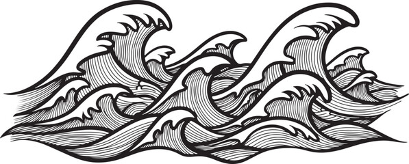 Obraz premium Black and white illustration of crashing ocean waves graphic