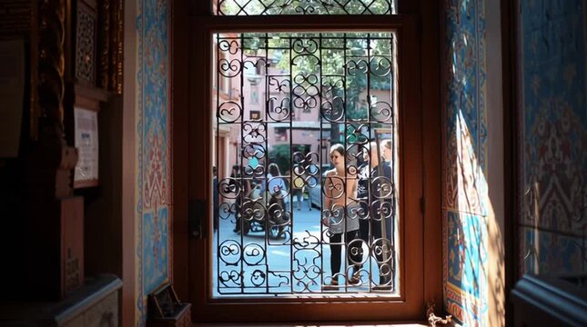 View through a window from a sacred interior toward an ordinary street, symbolizing the boundary between spiritual space and everyday life, capturing contrast between contemplation and the outside wor
