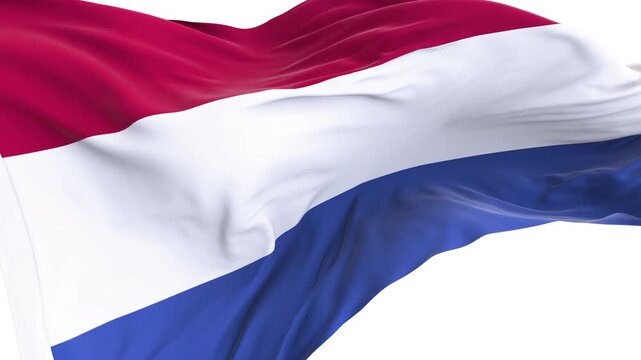Netherlands flag waving and swirling, looping Close-up camera angle with transparent background, with alpha matte layer for transparency in the background.