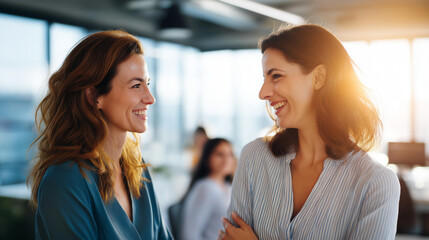 Obraz premium Two faceless professionals engaging in friendly conversation in modern office with large windows natural light flooding space contemporary workplace business discussion