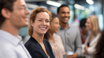 Fototapeta premium Diverse group of faceless business people engaging in friendly conversation in office hallway capturing positive and collaborative work environment multicultural colleagues