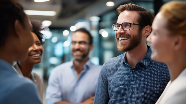 Diverse group of faceless business people engaging in friendly conversation in office hallway capturing positive and collaborative work environment multicultural colleagues