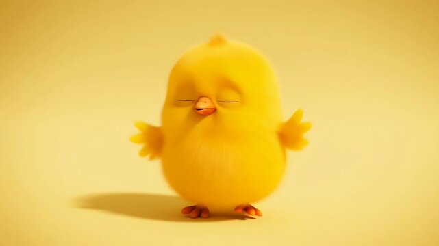 Adorable animated yellow chick standing peacefully on a yellow background perfect for easter greetings or childrens content