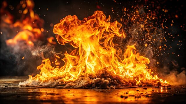 A photo of massive fire flames roaring intensely against a pitchblack background, casting long shadows and flickering embers into the void The fir