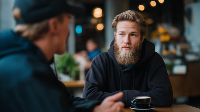 Faceless young bearded man explaining and discussing something passionately with interlocutor friend sitting indoors at caf&eacute; table with cup of coffee animated conversation