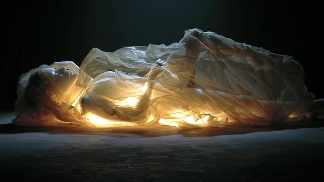 Wide overhead view of a body lying in darkness as a soft translucent white-golden light rises from the chest, forming an amorphous presence symbolizing spirit, transcendence, and metaphysical awakenin