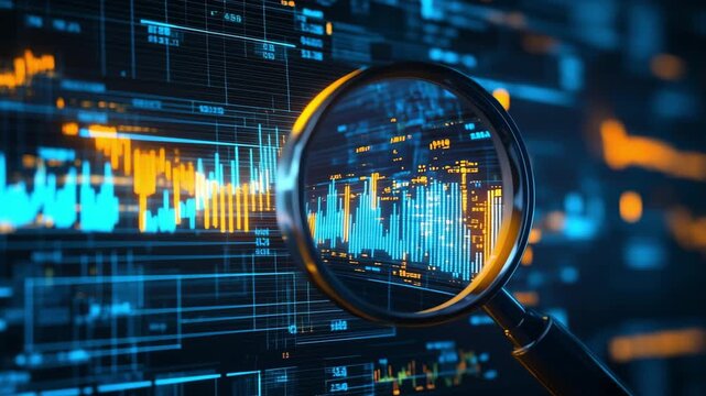 Data is analyzed through a magnifying glass highlighting trends in a dark digital landscape filled with graphs and charts
