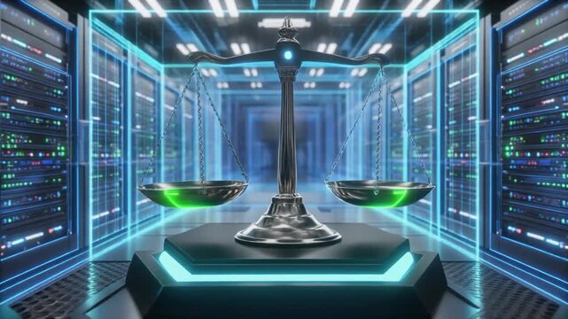 Futuristic server room with glowing blue lights and metallic balance scale, symbolizing fairness, justice, and ethical equilibrium in digital technology and data management.