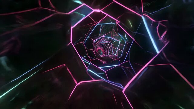 Fast fpv drone racing abstract endless glowing neon glass fractal tunnel dodging floating geometric sharp shard showing complex mathematical visual background seamless loop geometry render