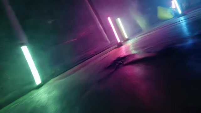 Fast fpv drone racing neon indoor paintball arena dodging flying bright color paint splattering wall hitting inflatable obstacle showing competitive extreme sport combat action shooting