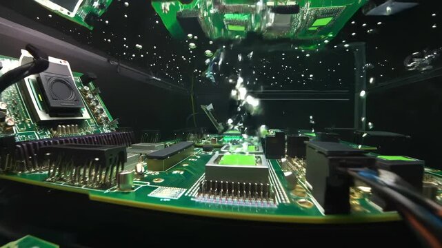 Macro fpv drone swimming inside dark modern data center immersion cooling tank dodging glowing electronic circuit board rising air bubble showing high tech hardware thermal liquid motion