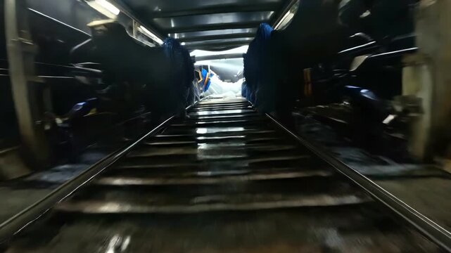 Fast fpv drone flying through working automatic car wash dodging spinning heavy brush splashing soapy water thick white foam showing automotive transport cleaning service machine motion