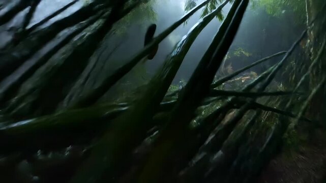 High speed fpv drone diving dense green bamboo forest during severe storm dodging bending wooden stalk flying wet leaf thick rain showing wild nature weather hazard botanical environment