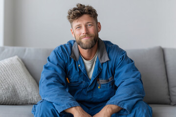 Fototapeta premium A man in a blue uniform is sitting on a couch. He is smiling and looking at the camera