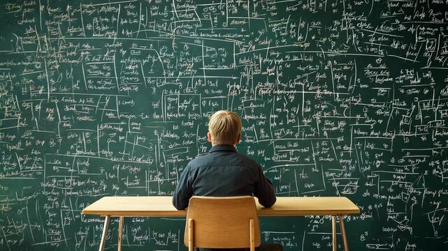 A student sits at a desk focusing on math problems written on a chalkboard in a classroom