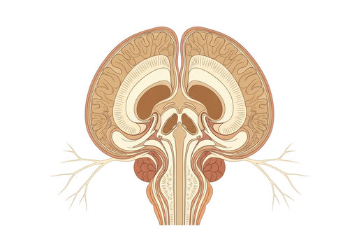 Precise flat vector anatomical diagram showing the medulla oblongata cross-section, delineating the beige inferior olivary nucleus and cream white matter tracts on sterile white copy space. Concept