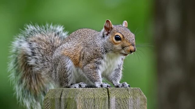 A gray squirrel with a fluffy tail perches on a weathered wooden post, looking alert